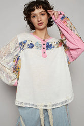 POL Button Detail Floral Patchwork Crochet Sleeve Blouse OutfitFlow